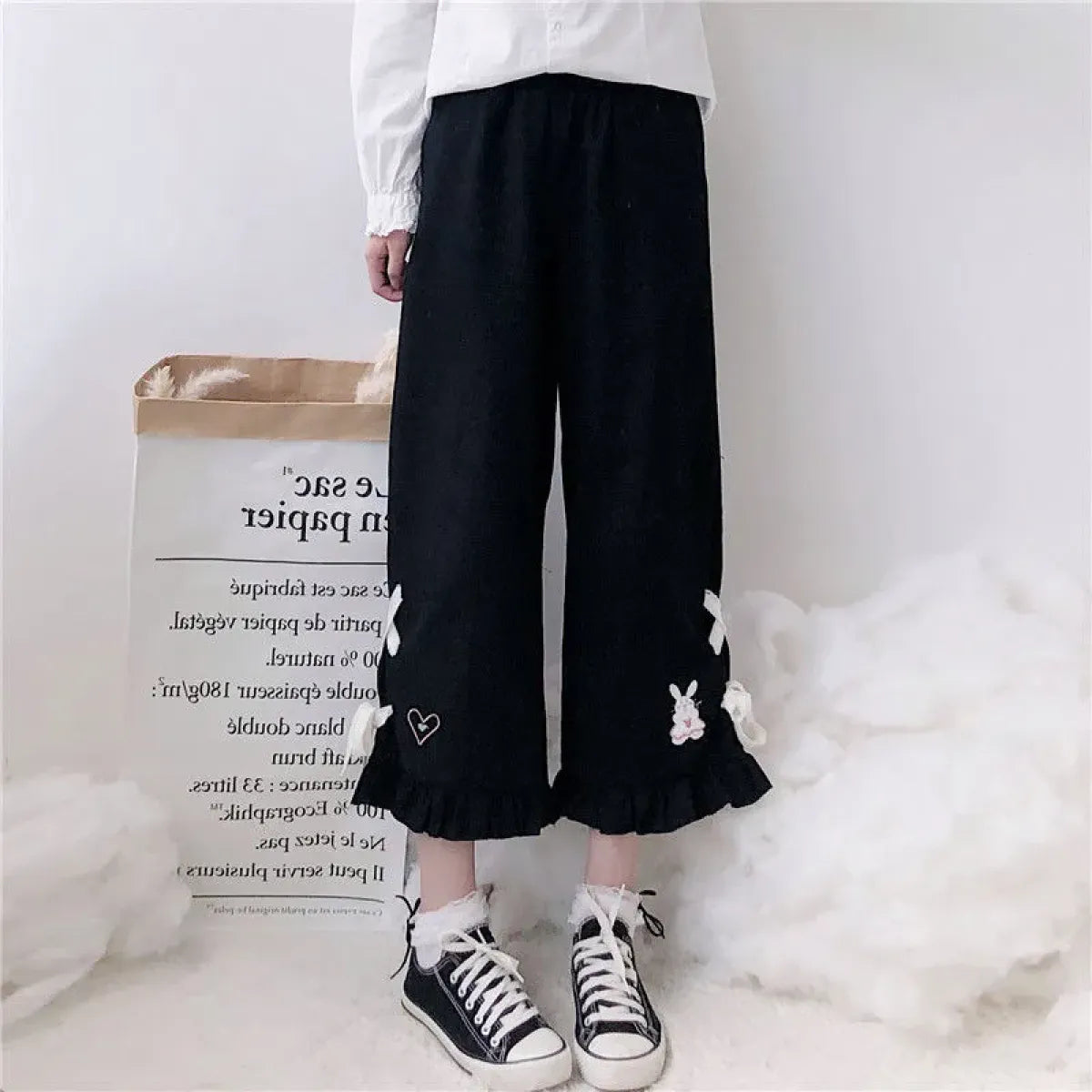 Korean Black Bunny Print Wide Leg Pants - Bottoms - 2