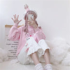 Korean Black Bunny Print Wide Leg Pants - Bottoms - 6