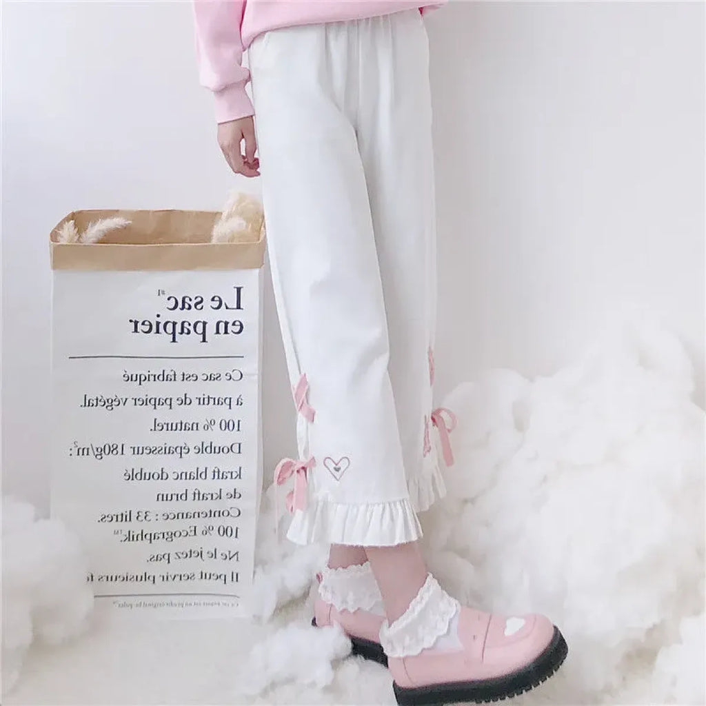 Korean Black Bunny Print Wide Leg Pants - Bottoms - 7