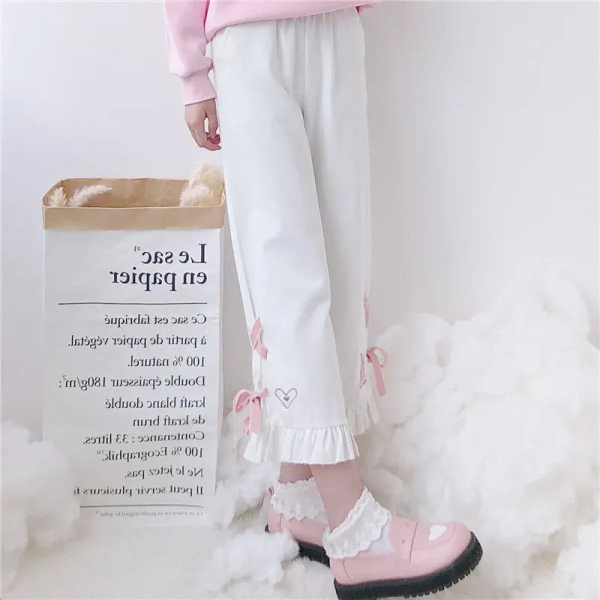 Korean Black Bunny Print Wide Leg Pants - Bottoms - 7