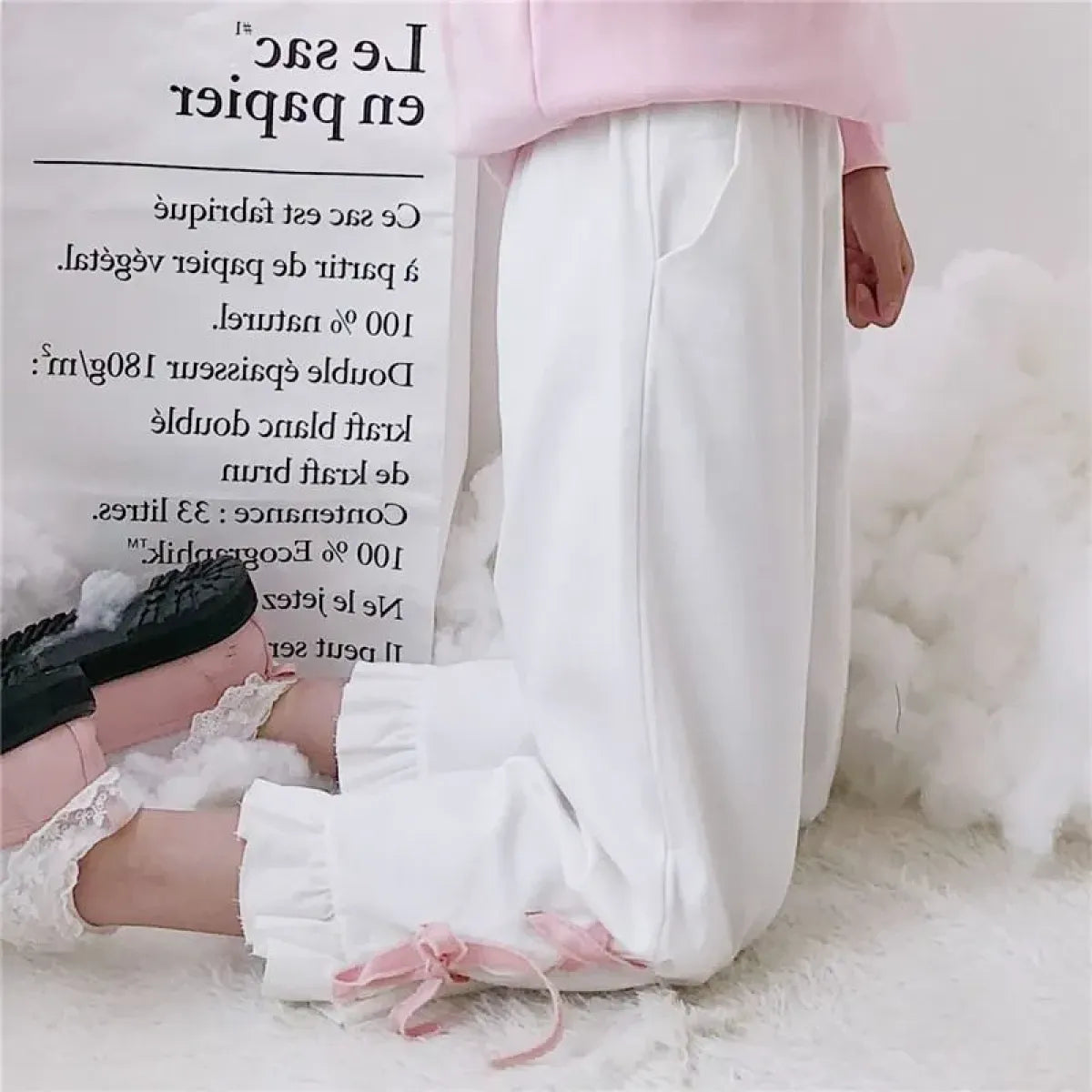 Korean Black Bunny Print Wide Leg Pants - Bottoms - 9