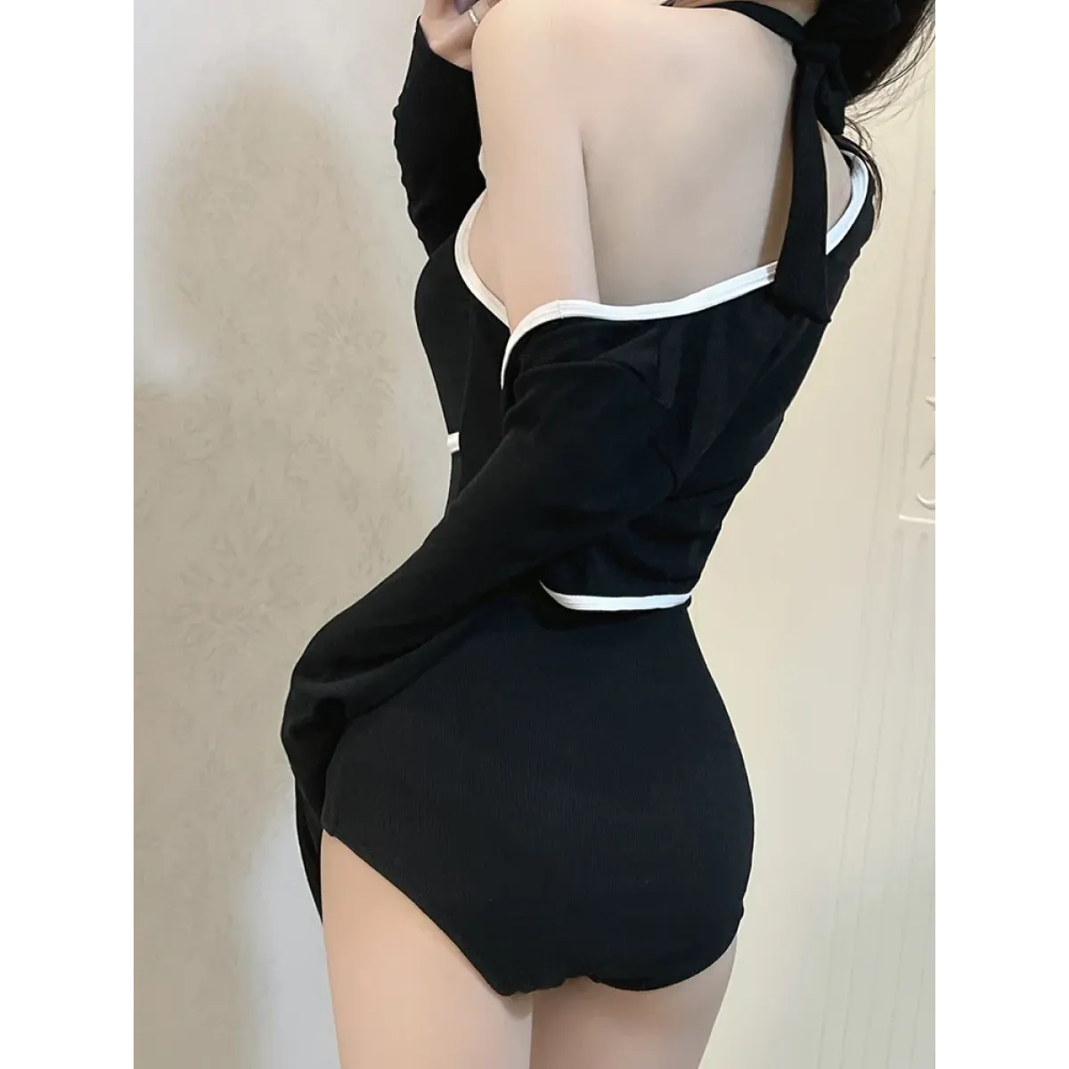 Korean Black Long Sleeve Bow Swimsuit Bodysuit - Women’s Clothing & Accessories - Swimsuits - 3