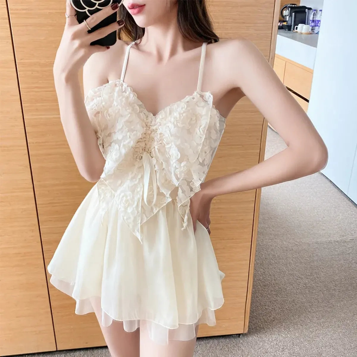 Ivory Lace One Piece Swimsuit – Korean Butterfly Mini Dress Style - All Dresses - Sleeveless - Swimwear - 1