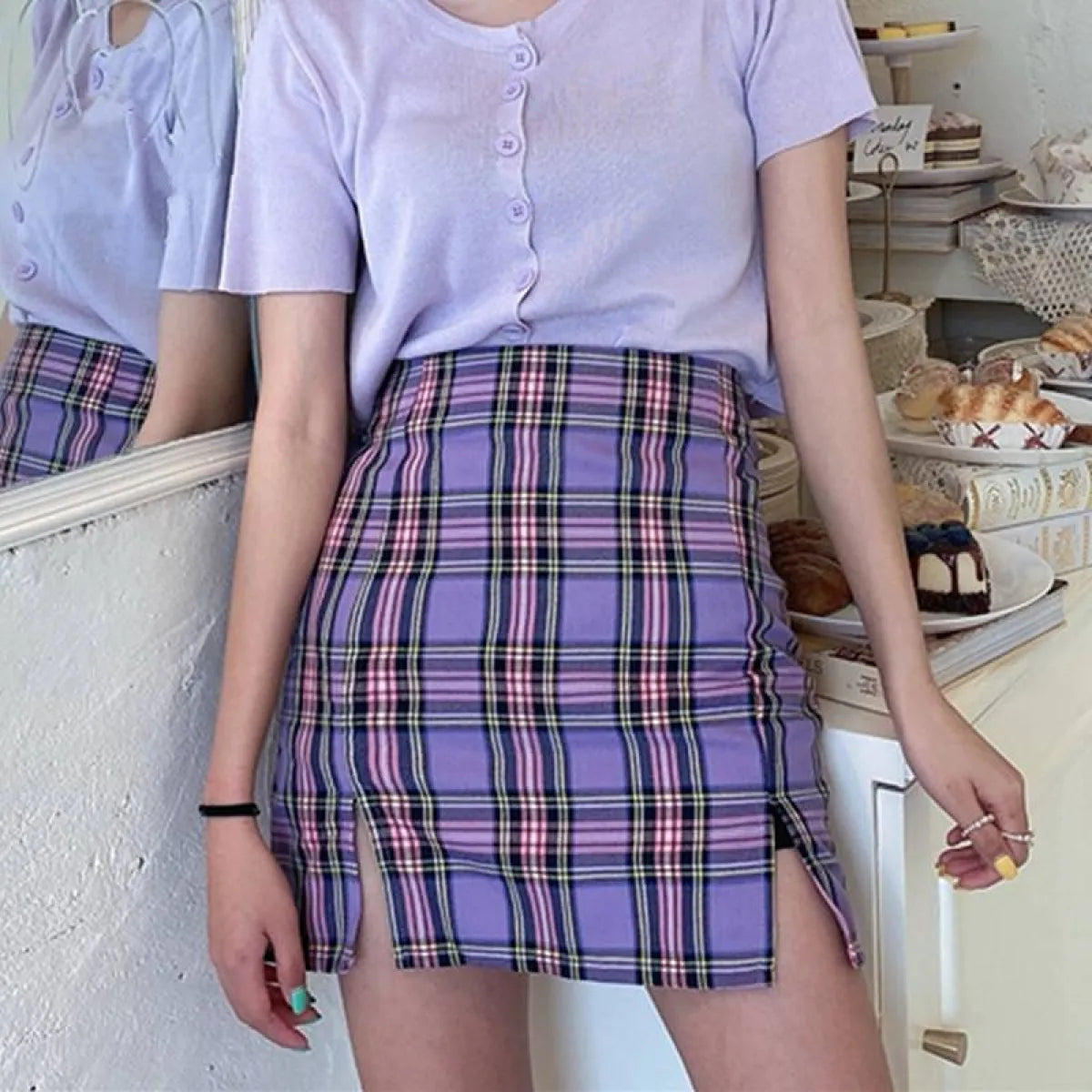 Korean Colored Plaid Skirt - Bottoms - 1