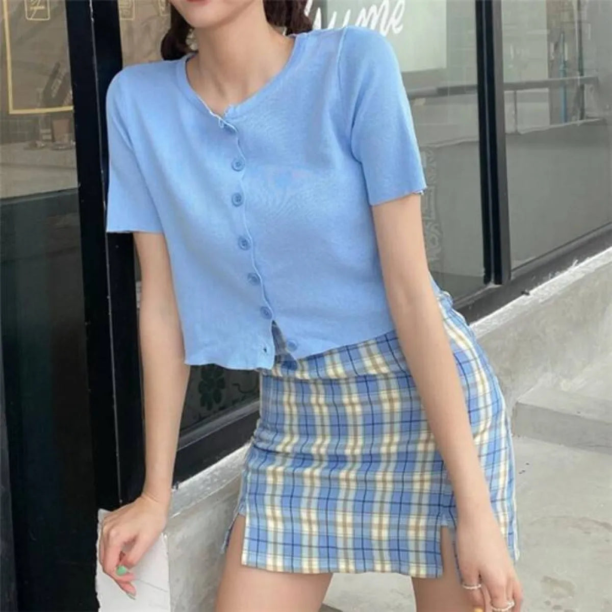 Korean Colored Plaid Skirt - Bottoms - 15