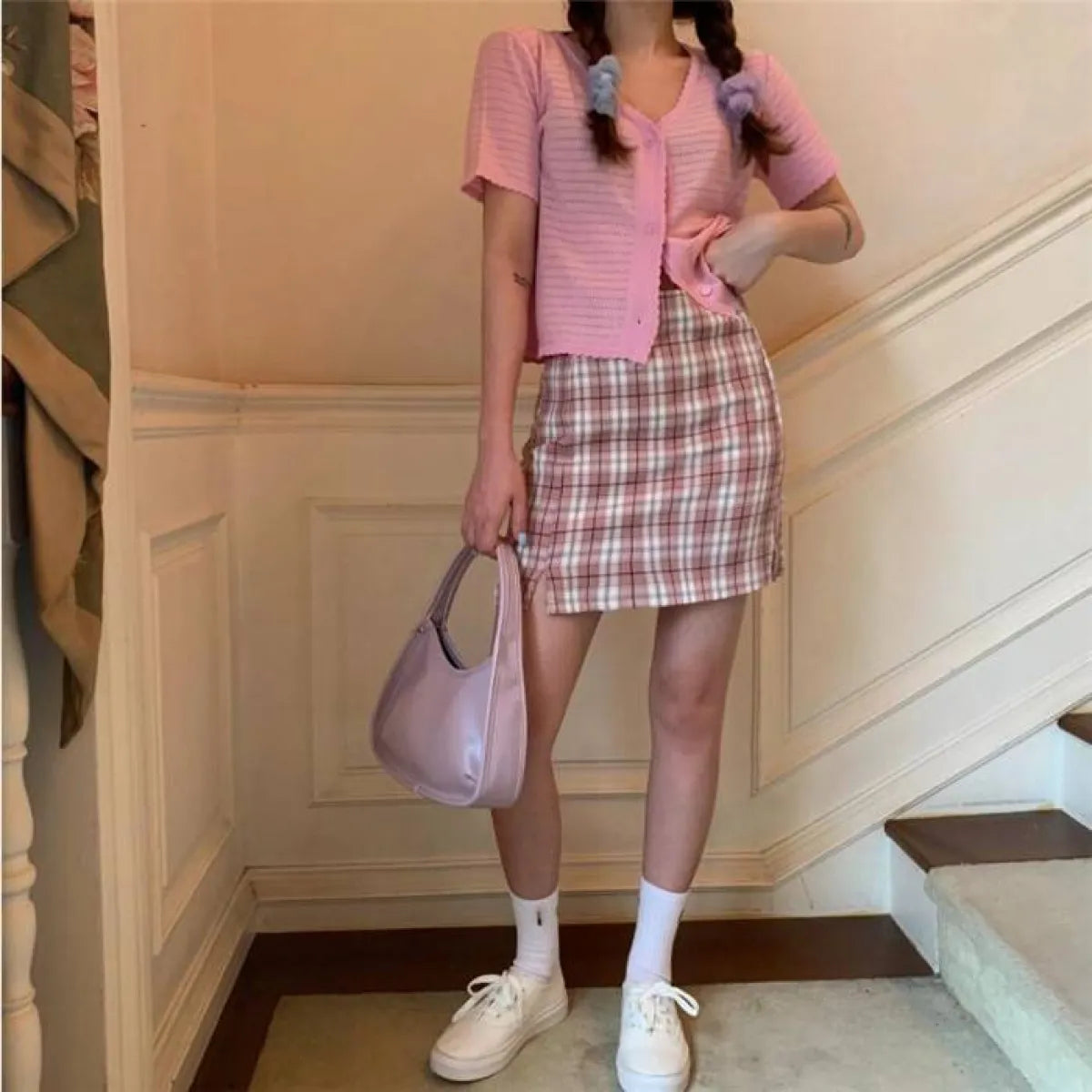 Korean Colored Plaid Skirt - Bottoms - 16