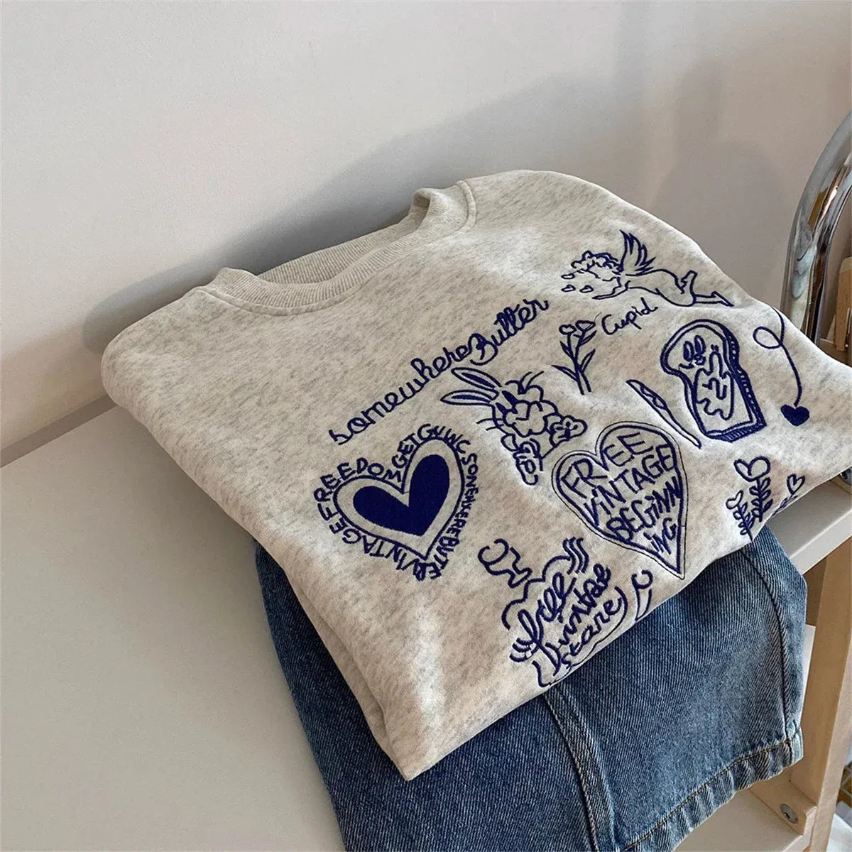 Korean Embroidered Cupid Graphic Short Sweatshirt - T-Shirts - Sweatshirt - 2