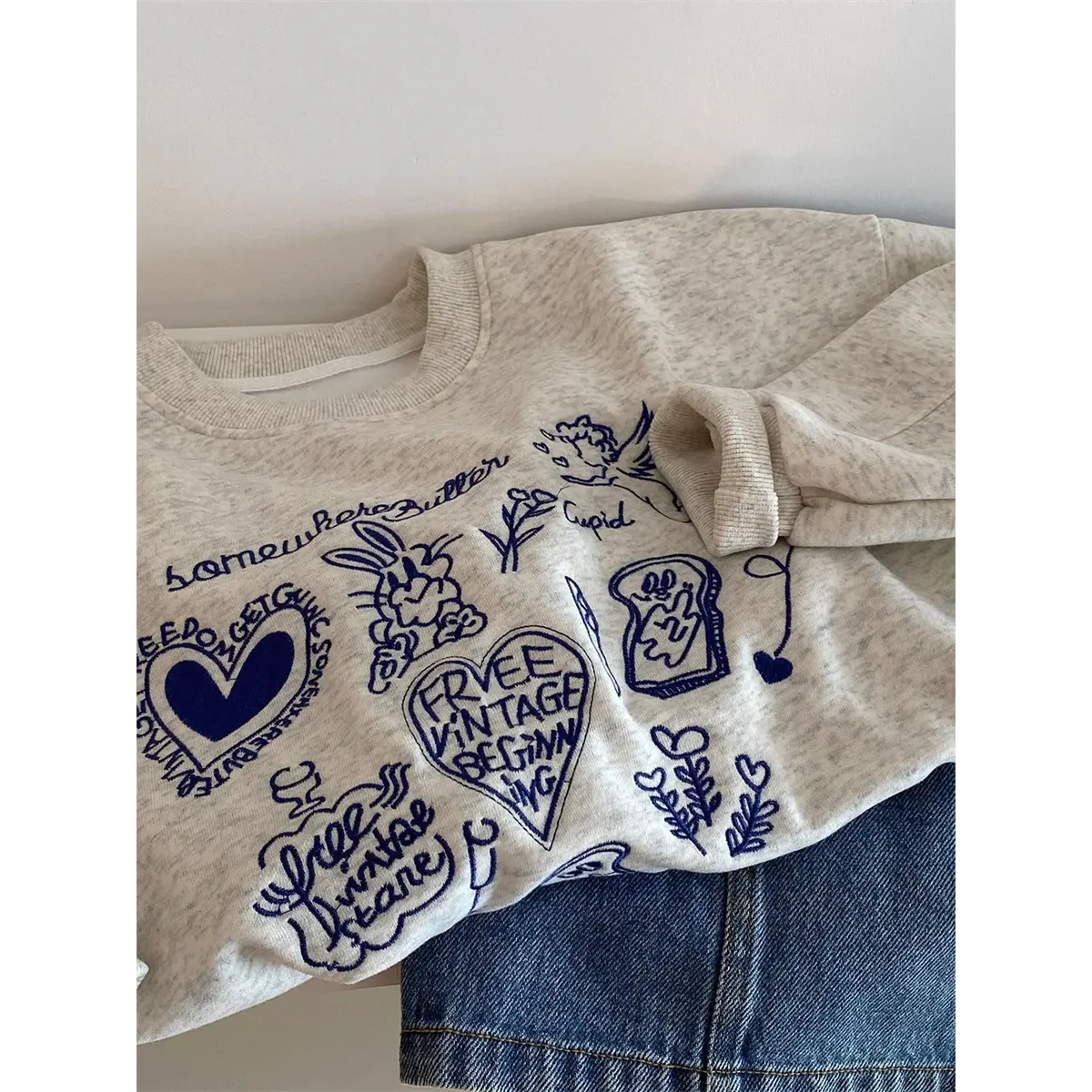 Korean Embroidered Cupid Graphic Short Sweatshirt - T-Shirts - Sweatshirt - 7