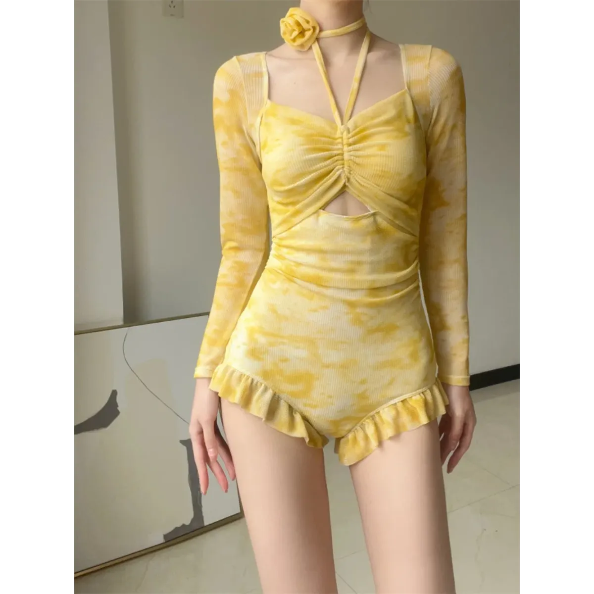 3D Floral Ruffle One-Piece – Korean Long Sleeve Beach Bodysuit - Women’s Clothing & Accessories - Long - Swimwear - 1