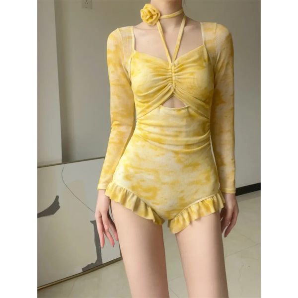 3D Floral Ruffle One-Piece – Korean Long Sleeve Beach Bodysuit - Women’s Clothing & Accessories - Long - Swimwear - 1