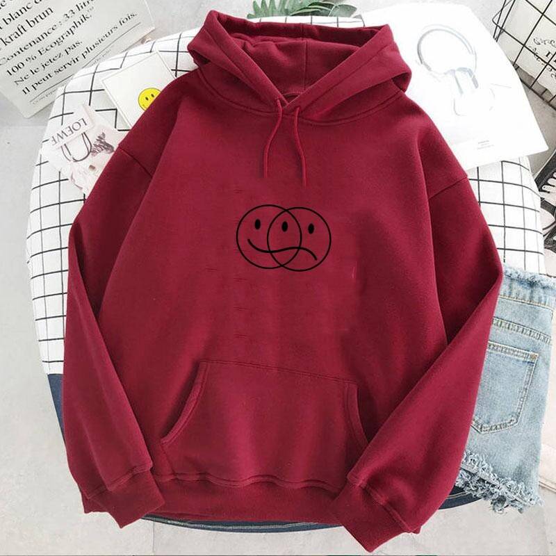 Korean Streetwear Happy/Sad Hoodie - Dark Red / XXXL - Women’s Clothing & Accessories - Shirts & Tops - 21 - 2024