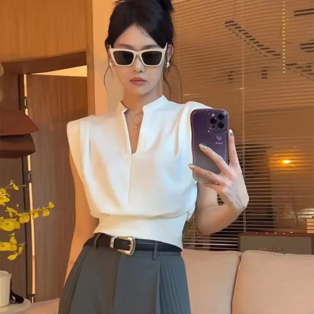 V-Neck Sleeveless Blouse – Korean Style Elegant Chic Office Wear - Tops & Tees - Short - V-neck - Blouses - 1