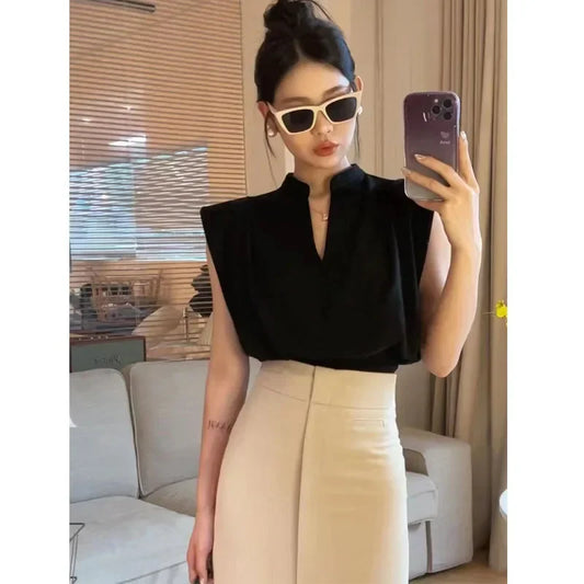 V-Neck Sleeveless Blouse – Korean Style Elegant Chic Office Wear - Black / M - Tops & Tees - Blouses - 2025 - 5