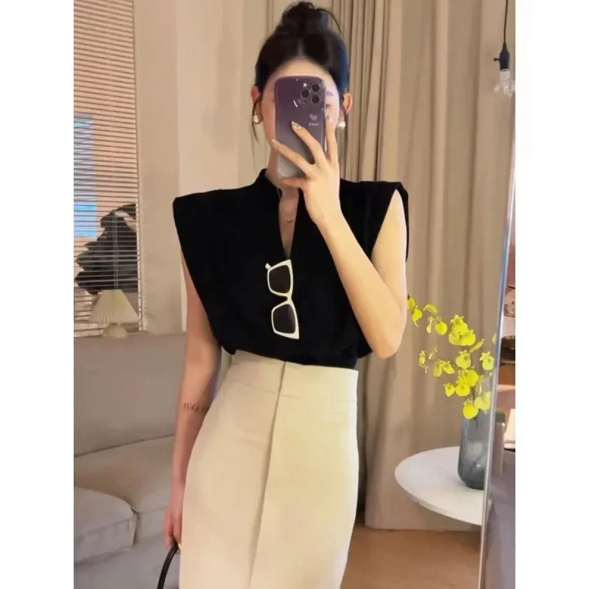 V-Neck Sleeveless Blouse – Korean Style Elegant Chic Office Wear - Tops & Tees - Short - V-neck - Blouses - 3
