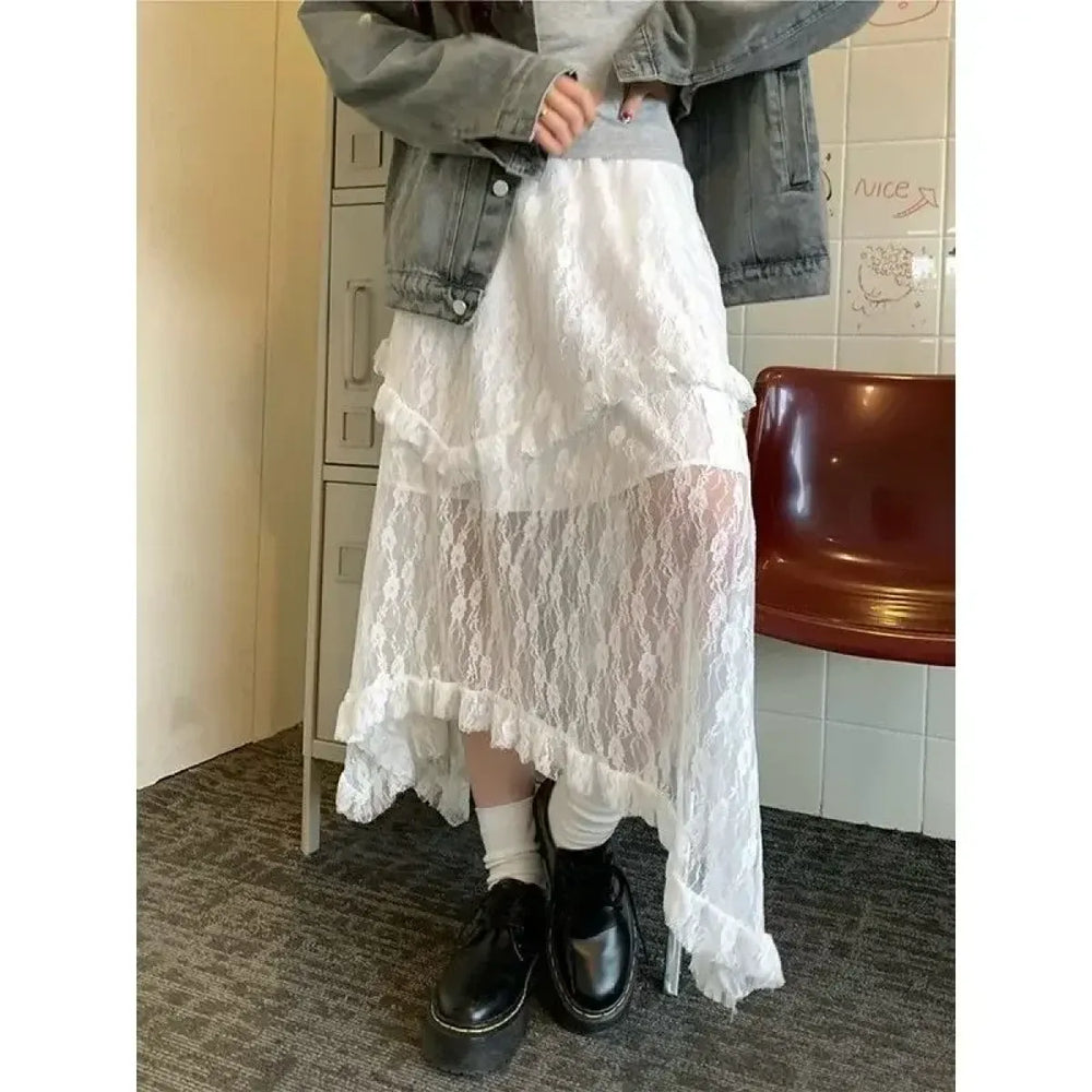 Lace Asymmetrical Skirt – Fairycore Vintage Ruffle Design - Bottoms - Skirts - 1