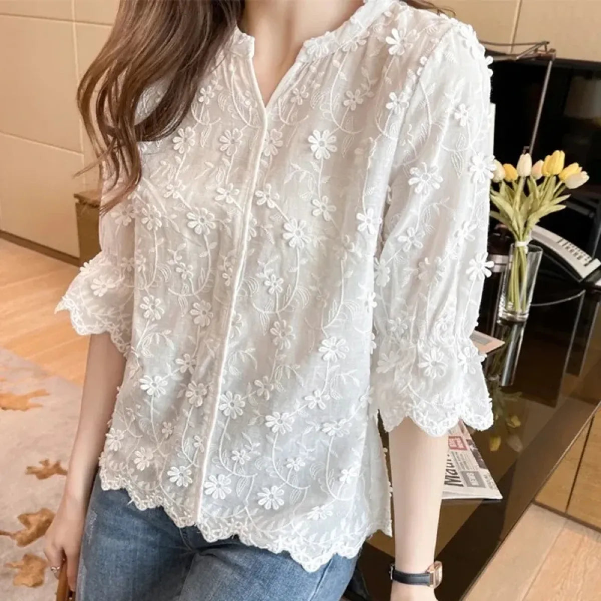 Embroidered Floral Lace Blouse with Puff Sleeves - T-Shirts - Blouse - 4