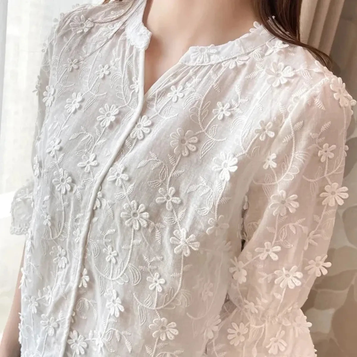 Embroidered Floral Lace Blouse with Puff Sleeves - T-Shirts - Blouse - 5