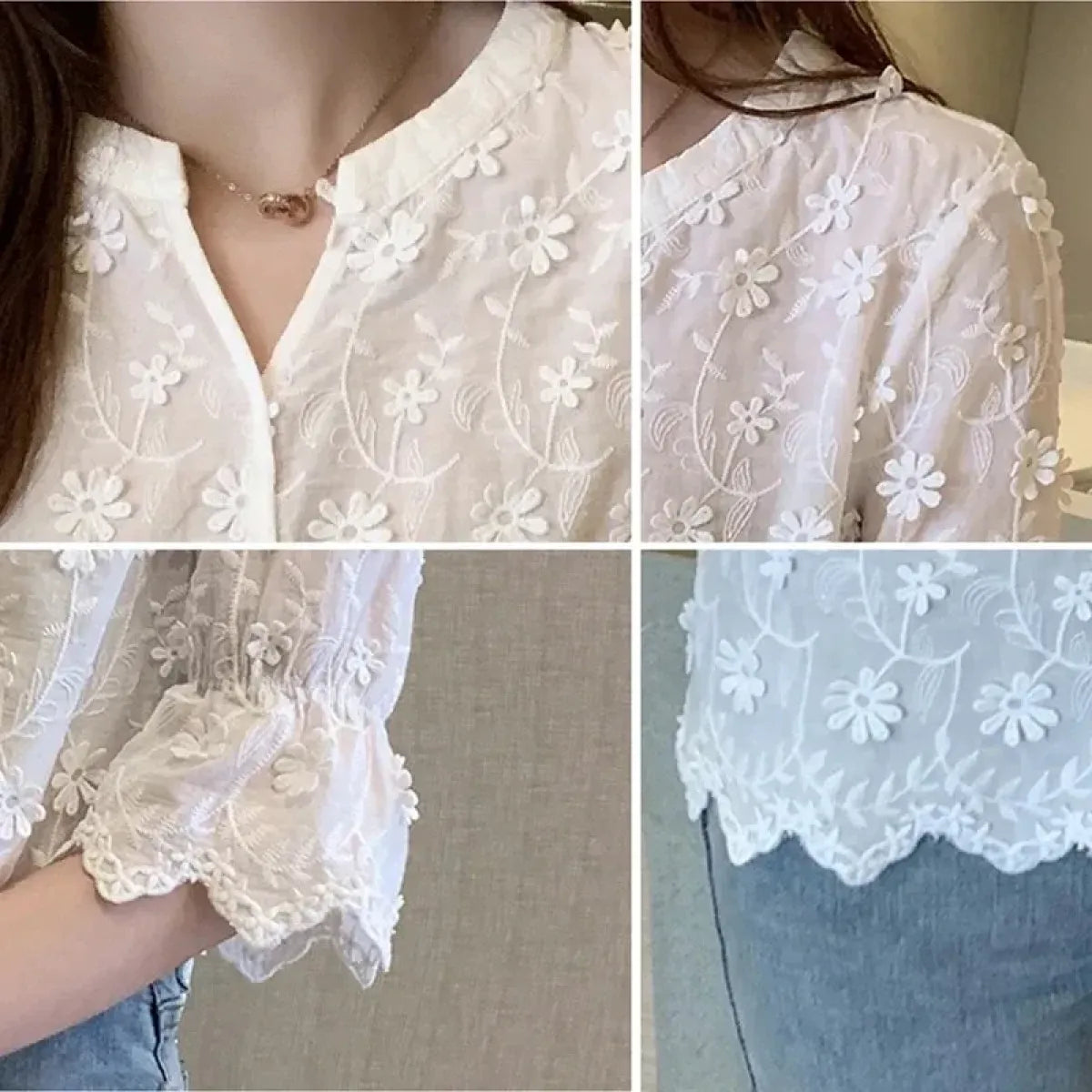 Embroidered Floral Lace Blouse with Puff Sleeves - T-Shirts - Blouse - 6