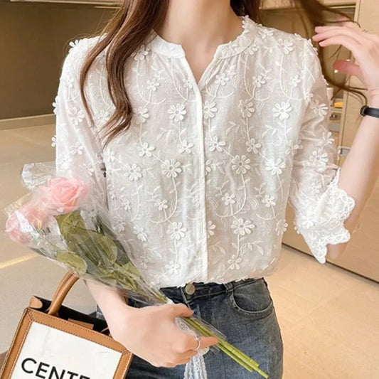 Embroidered Floral Lace Blouse with Puff Sleeves - T-Shirts - Blouse - 1