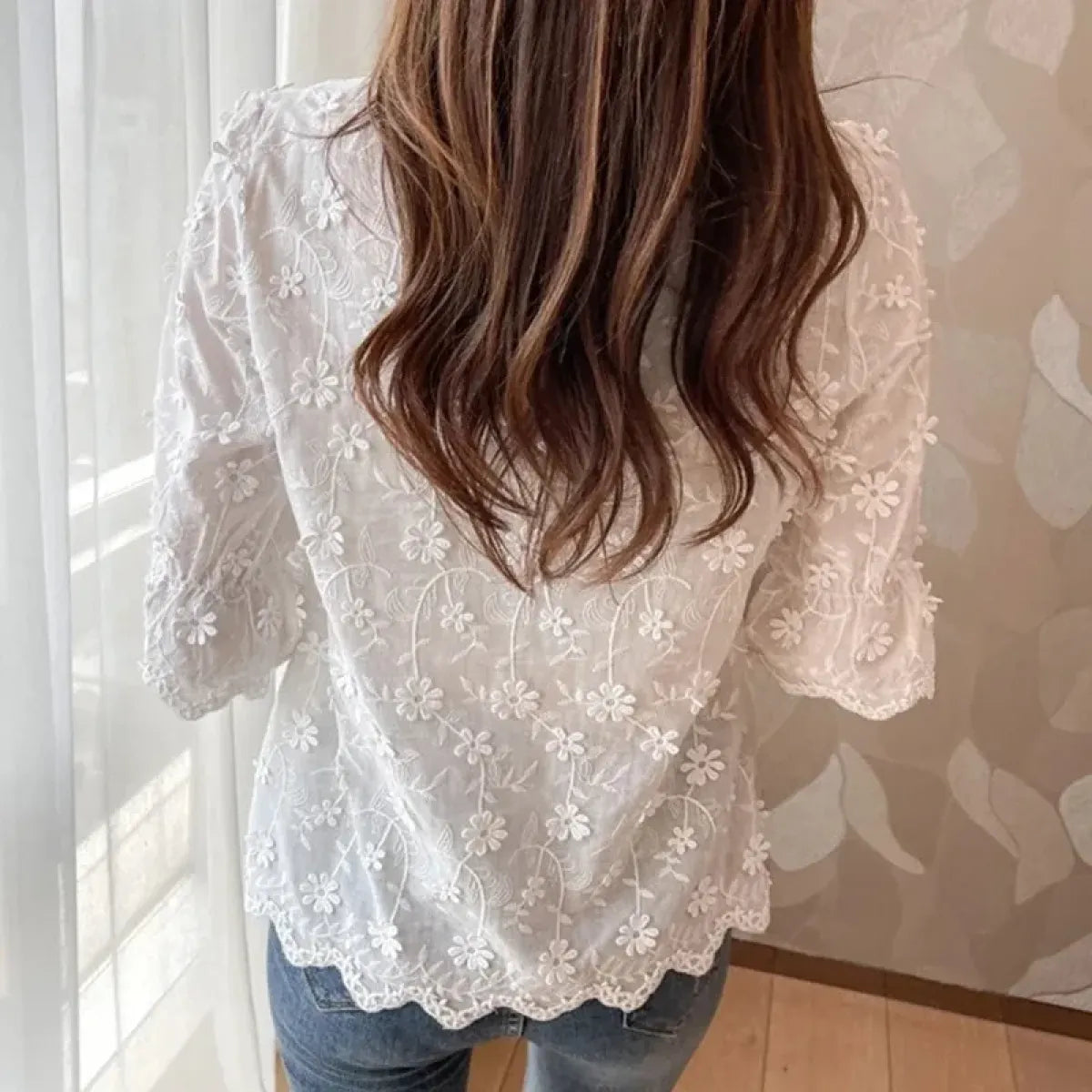 Embroidered Floral Lace Blouse with Puff Sleeves - T-Shirts - Blouse - 3