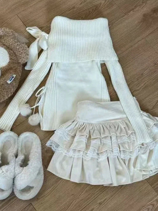 Kawaii Off-Shoulder Knit Top & Lace Cake Skirt Set - White / S - Bottoms - 2025 - 1 - Worldwide Shipping