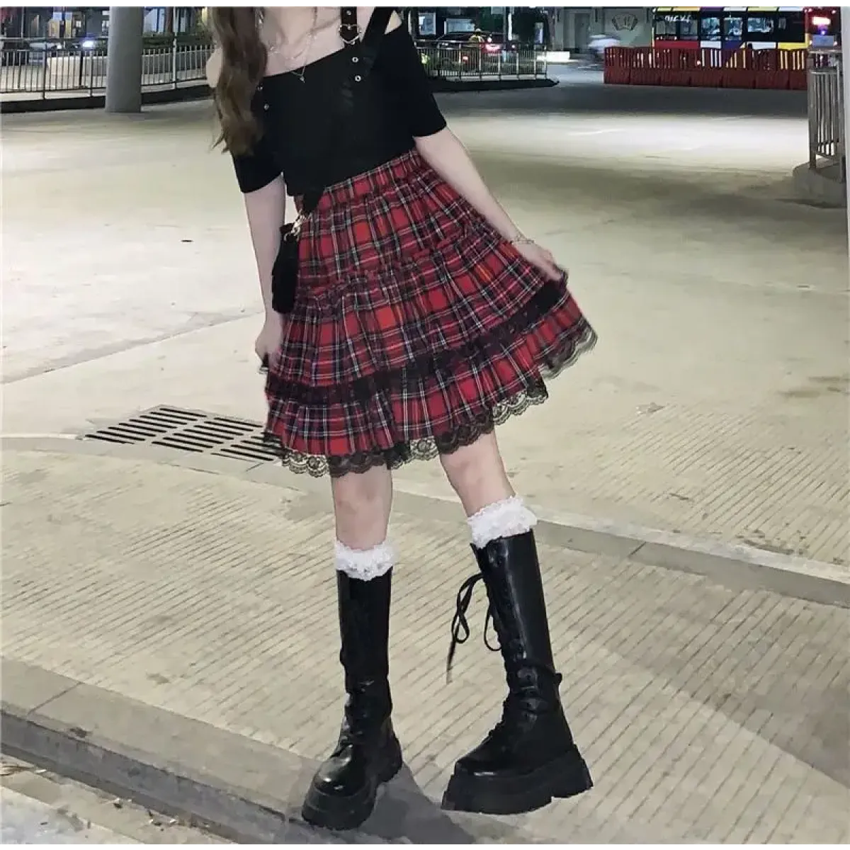 Lace Gothic Y2K Mini Skirt - High Waist Plaid A-line Red Skirt - Bottoms - 2