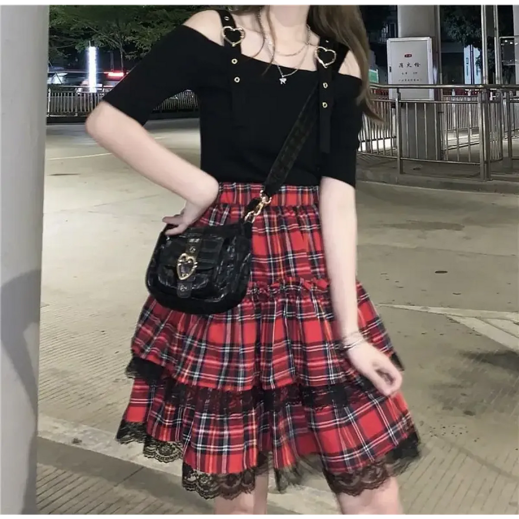Lace Gothic Y2K Mini Skirt - High Waist Plaid A-line Red Skirt - Bottoms - 4