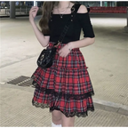 Lace Gothic Y2K Mini Skirt - High Waist Plaid A-line Red Skirt - Bottoms - 5