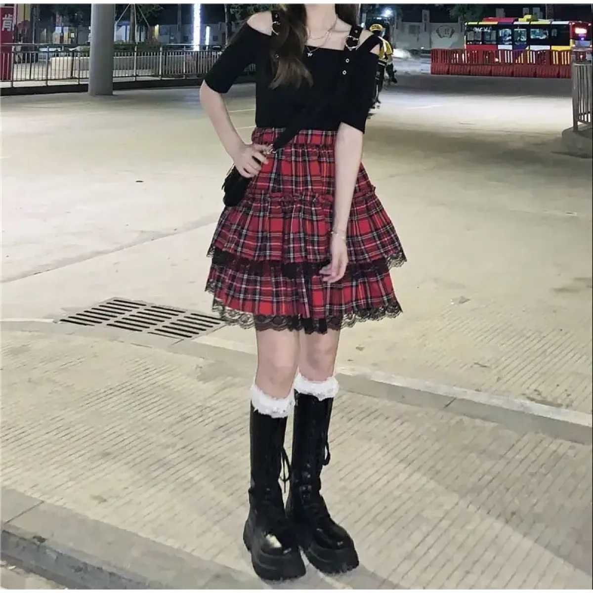 Lace Gothic Y2K Mini Skirt - High Waist Plaid A-line Red Skirt - Bottoms - 6