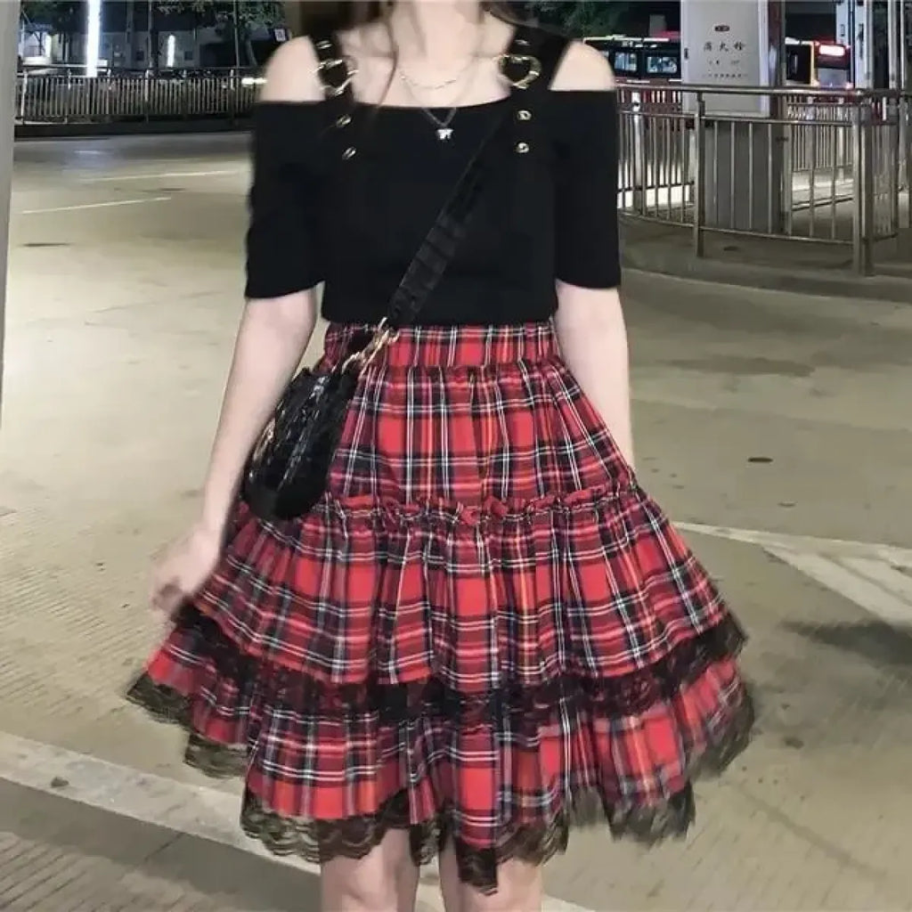 Lace Gothic Y2K Mini Skirt - High Waist Plaid A-line Red Skirt - Bottoms - 7