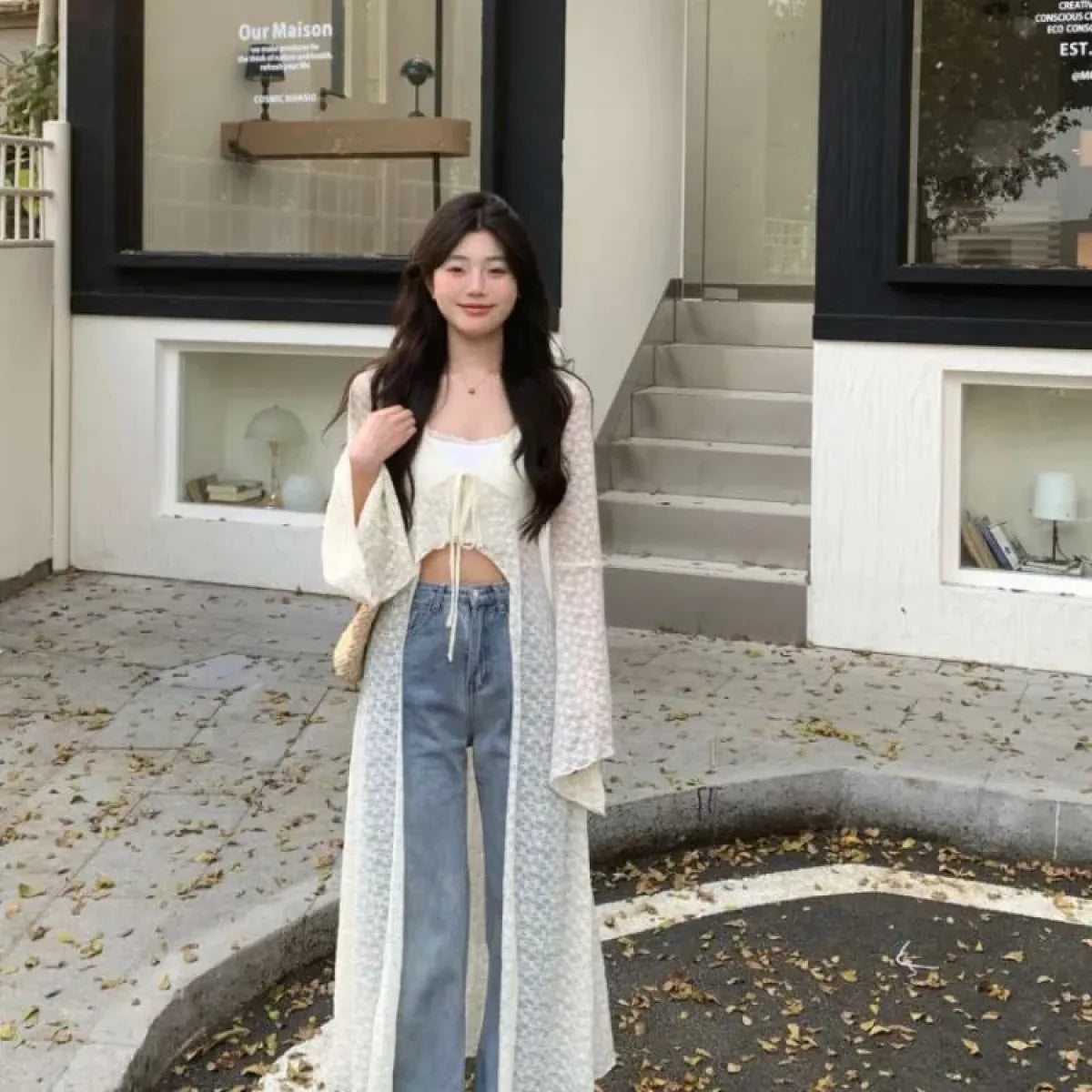 Lace Knit Longline Cardigan - Y2K Oversized Style - Women’s Clothing & Accessories - Cardigan - 1