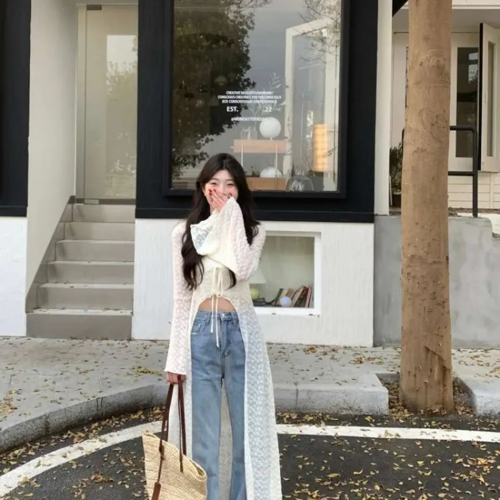 Lace Knit Longline Cardigan - Y2K Oversized Style - Women’s Clothing & Accessories - Cardigan - 3