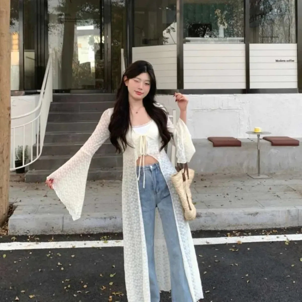 Lace Knit Longline Cardigan - Y2K Oversized Style - Women’s Clothing & Accessories - Cardigan - 4