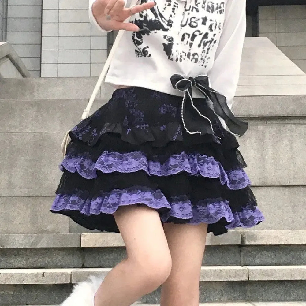 Lace Layered Skirt – Harajuku Punk Lolita Mini - Bottoms - Short - Round - Skirts - 1