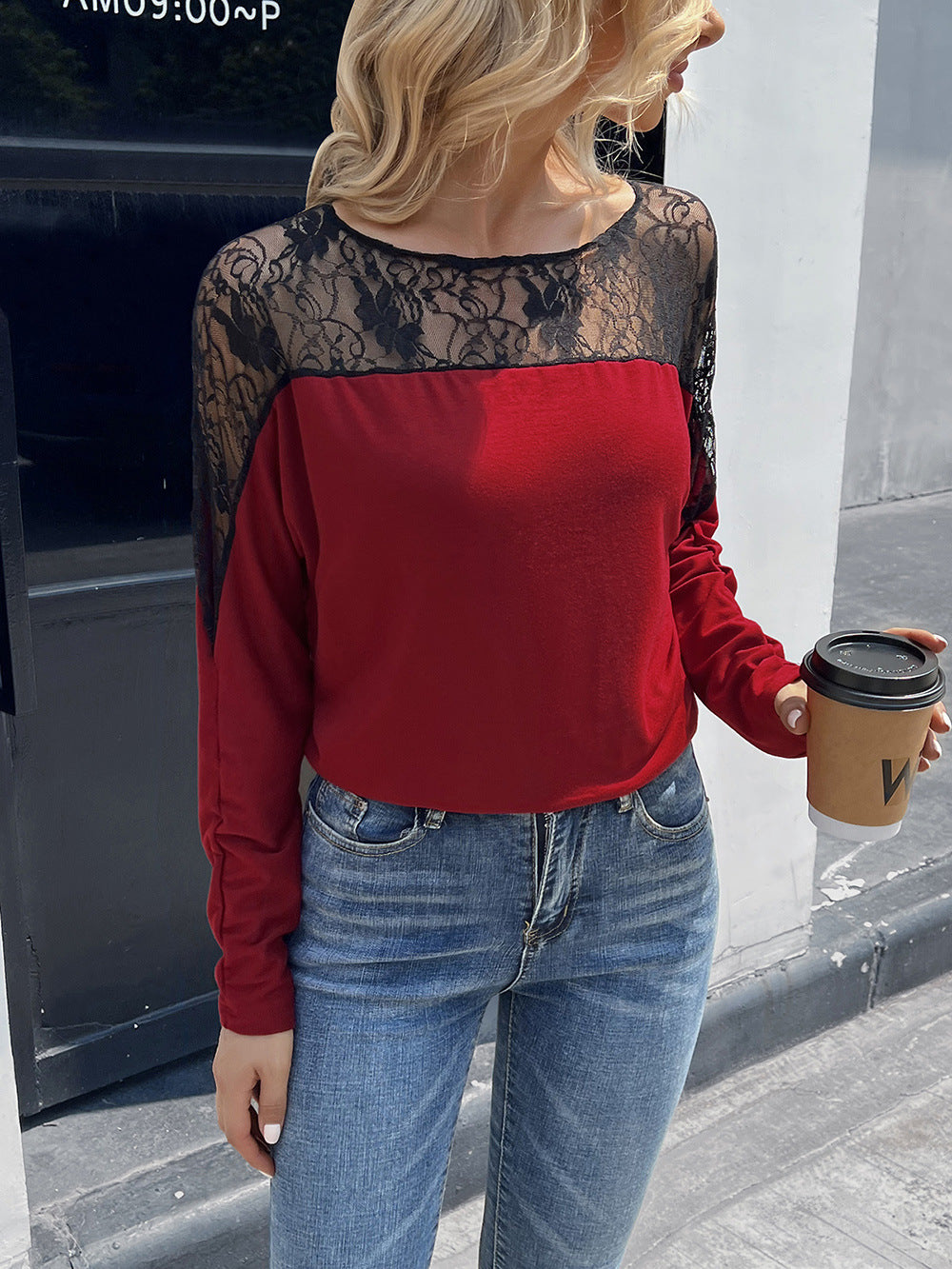 Lace Long Sleeve Round Neck Tee - Red / S - T-Shirts - Shirts & Tops - 9 - 2024