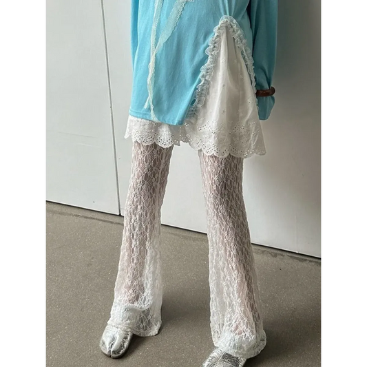 Y2K Lace Mesh Flare Pants with High Waist - Bottoms - Pants - 1