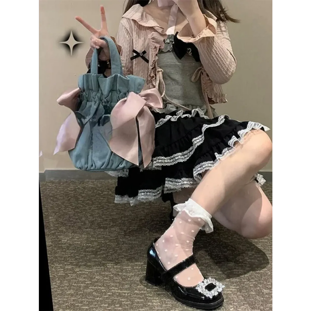 Lace Mini Cake Lolita Skirt – High Waist Ruffle Bow Detail - Bottoms - Skirts - 2