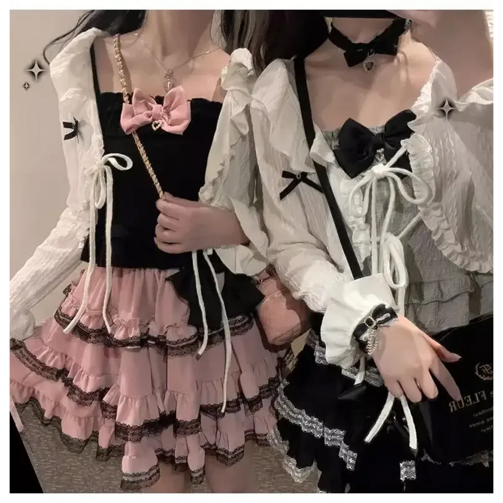 Lace Mini Cake Lolita Skirt – High Waist Ruffle Bow Detail - Bottoms - Skirts - 1