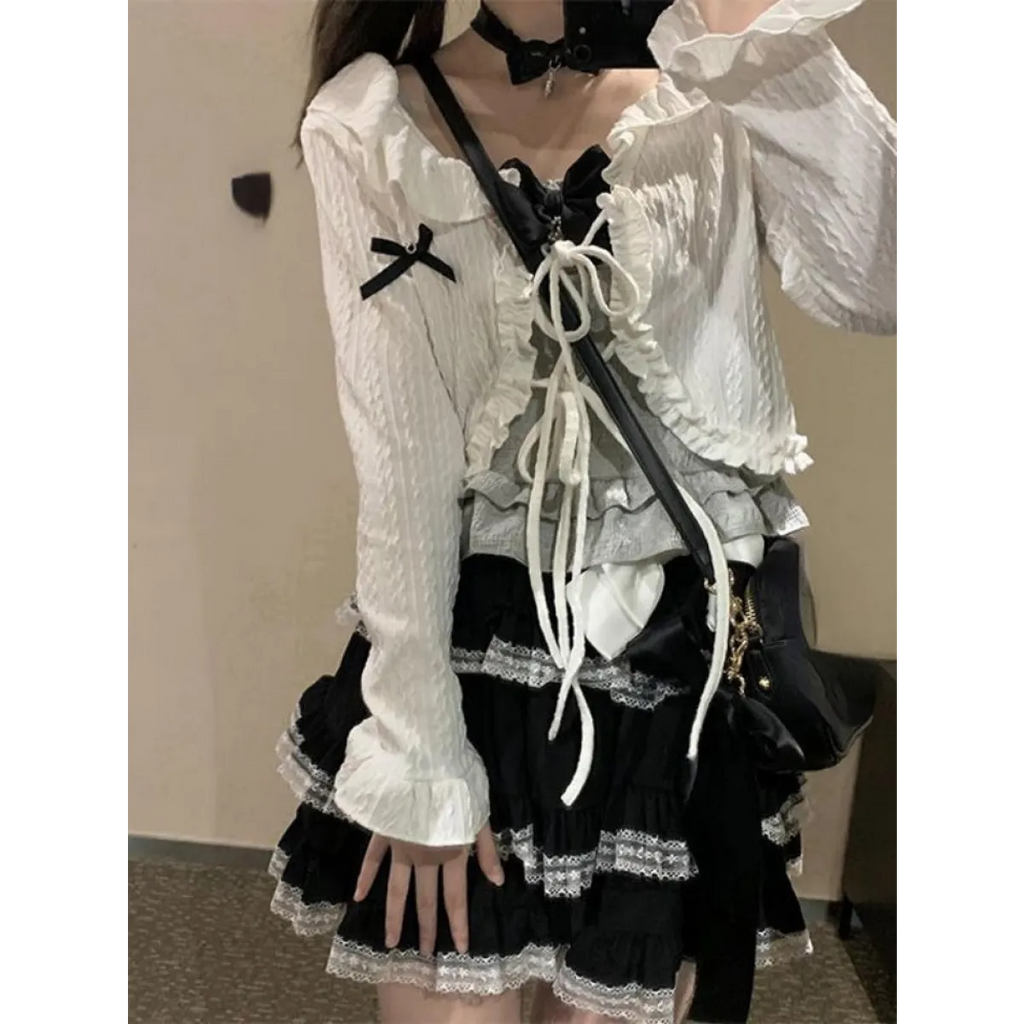 Lace Mini Cake Lolita Skirt – High Waist Ruffle Bow Detail - Bottoms - Skirts - 4