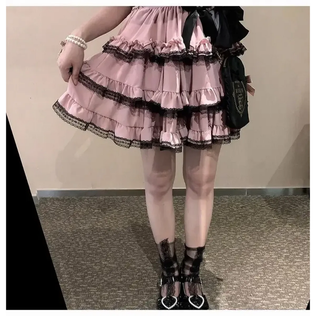Lace Mini Cake Lolita Skirt – High Waist Ruffle Bow Detail - Bottoms - Skirts - 6