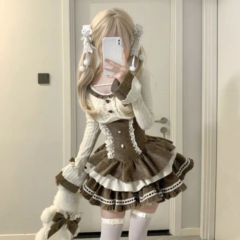 Lolita Two-Piece Set – High-Waist Lace Mini Dress - All Dresses - Long - Clothing Sets - 1