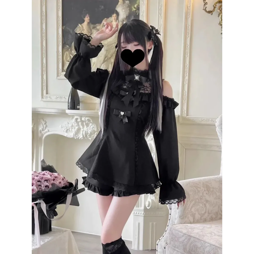 Bow Lace Patchwork Gothic Two-Piece Set - Harajuku Style - Sets / Co-ords - 1