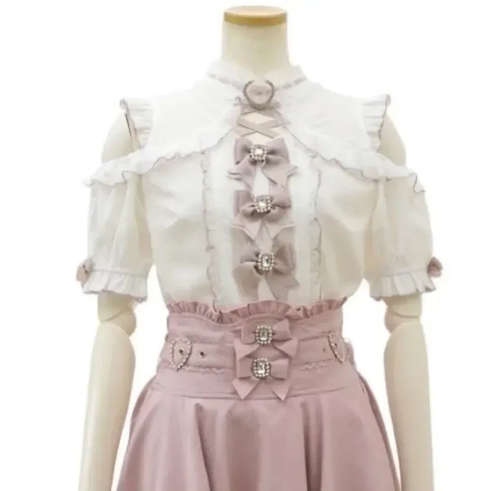 Kawaii Lace Patchwork Blouse – Y2K Off Shoulder Bow JK Shirt - T-Shirts - Short - Blouses - 1