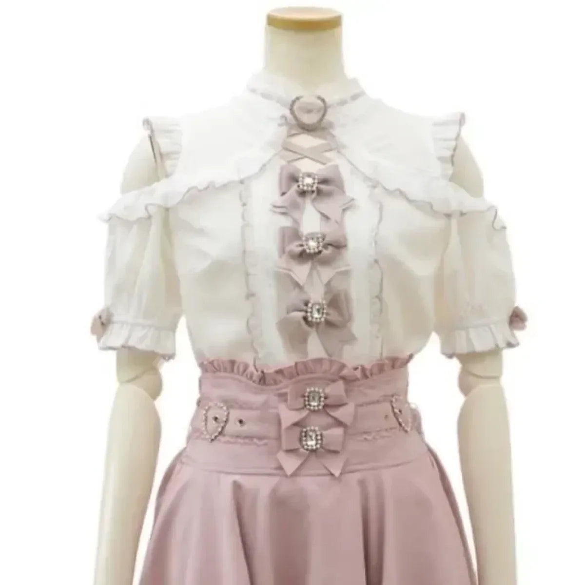 Kawaii Lace Patchwork Blouse – Y2K Off Shoulder Bow JK Shirt - Best Sellers - Short - Blouses - 1