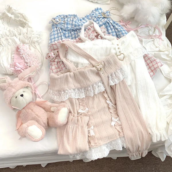 Kawaii Lace Patchwork Knit Top – Halter Neck Lolita Sweater - Sweaters - Long - Off-Shoulder - Crop Tops - 1