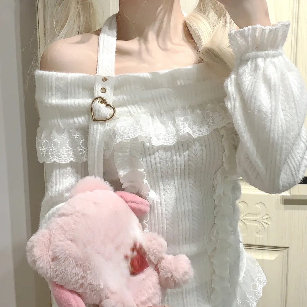 Kawaii Lace Patchwork Knit Top – Halter Neck Lolita Sweater - Sweaters - Long - Off-Shoulder - Crop Tops - 11
