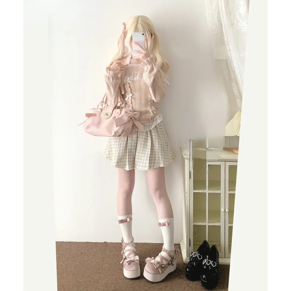 Kawaii Lace Patchwork Knit Top – Halter Neck Lolita Sweater - Sweaters - Long - Off-Shoulder - Crop Tops - 16