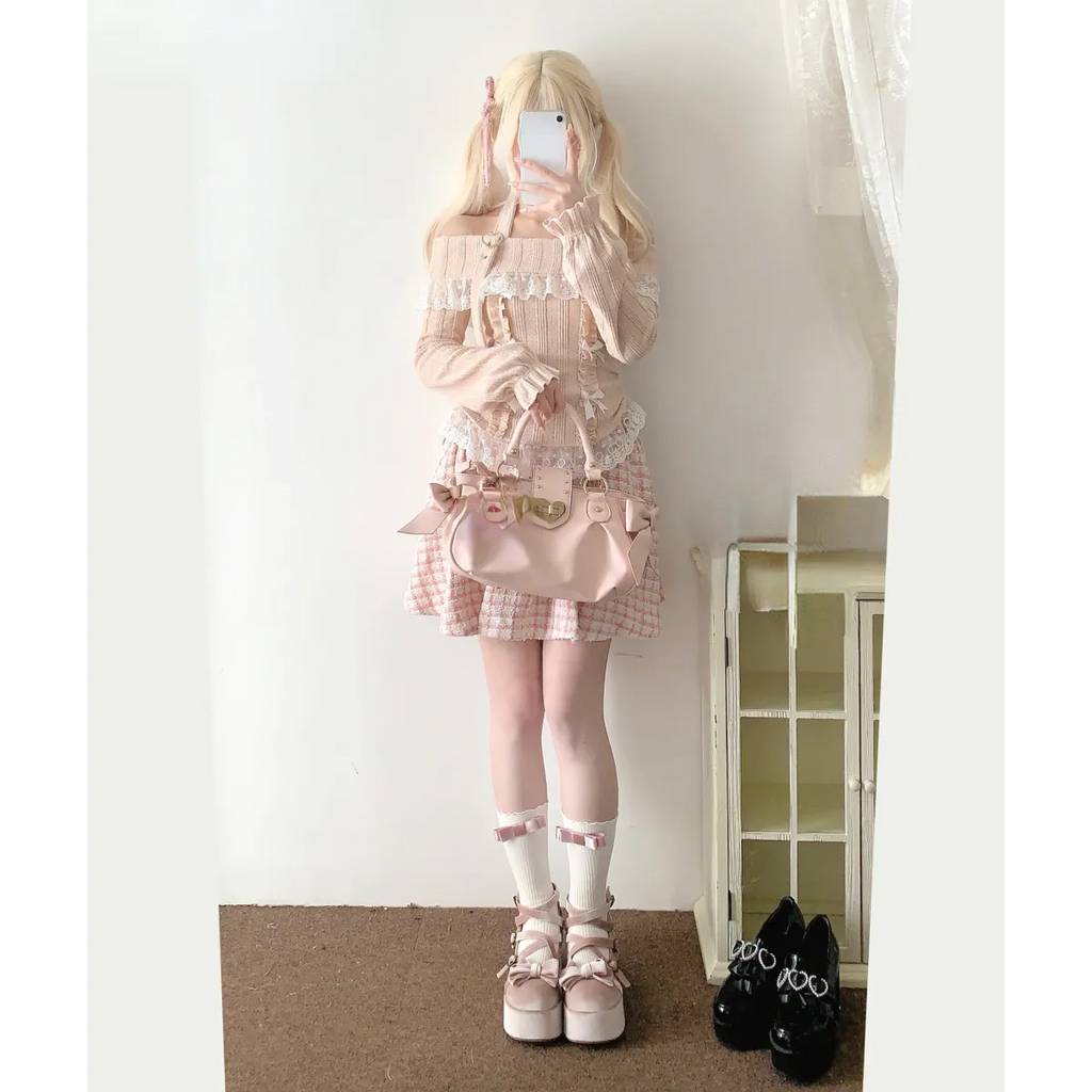 Kawaii Lace Patchwork Knit Top – Halter Neck Lolita Sweater - Sweaters - Long - Off-Shoulder - Crop Tops - 18