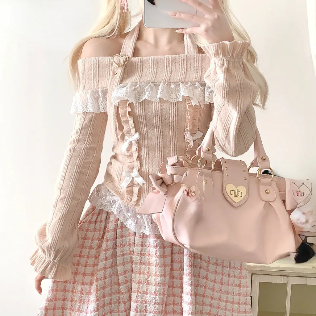 Kawaii Lace Patchwork Knit Top – Halter Neck Lolita Sweater - Sweaters - Long - Off-Shoulder - Crop Tops - 19