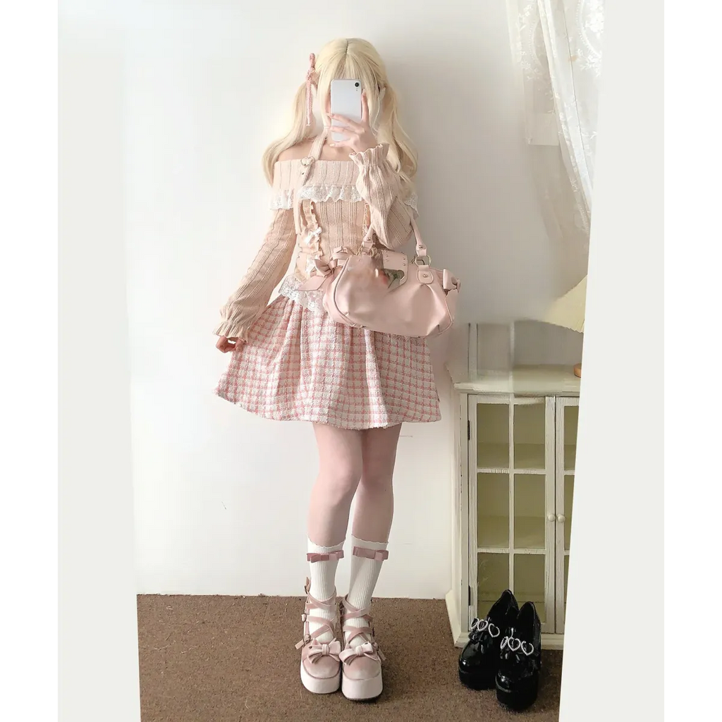 Kawaii Lace Patchwork Knit Top – Halter Neck Lolita Sweater - Sweaters - Long - Off-Shoulder - Crop Tops - 20